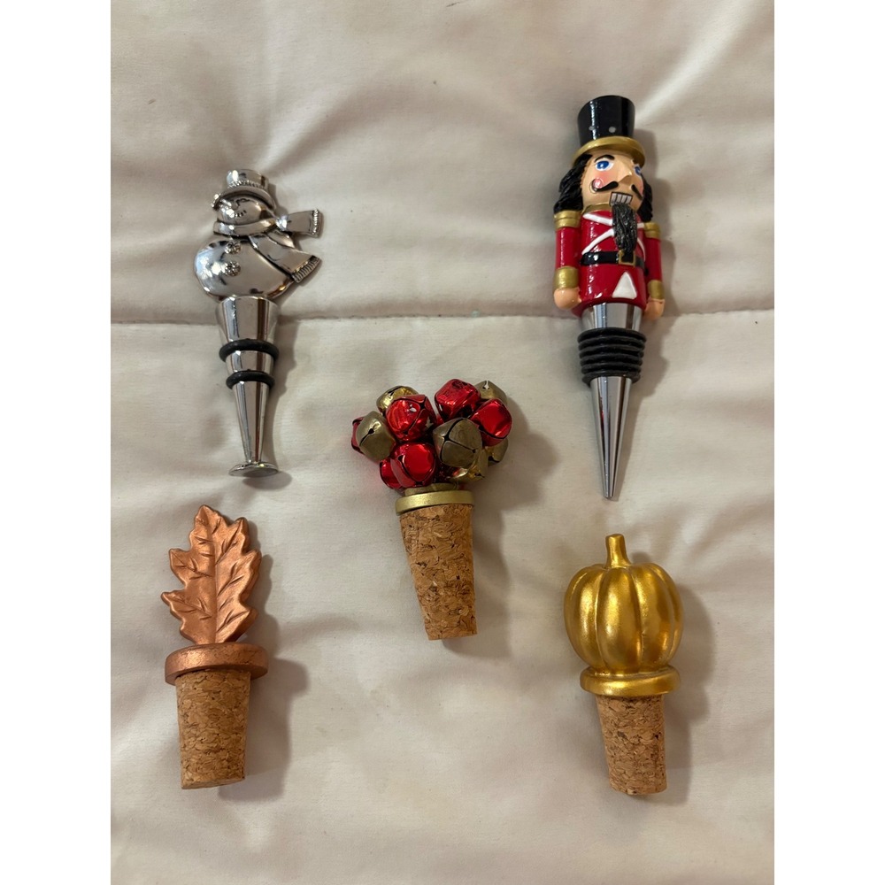 Holiday Wine Bottle Stopper Set 5pc Nutcracker Snowman Pumpkin Leaf Jingle Bell